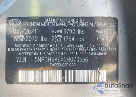 2012 Hyundai Elantra Gls from USA, damaged, VIN 5NPDH4AEXCH073556